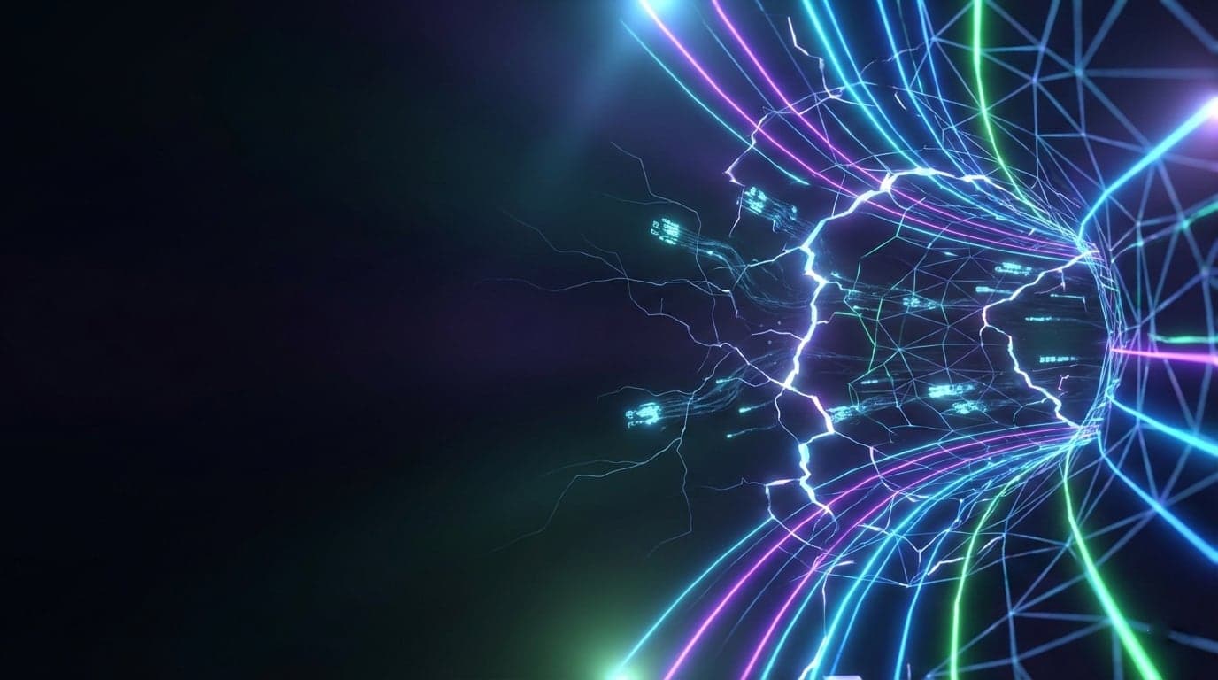 A glowing blue shield with a crack leaking digital data streams, representing a DNS leak compromising VPN security.