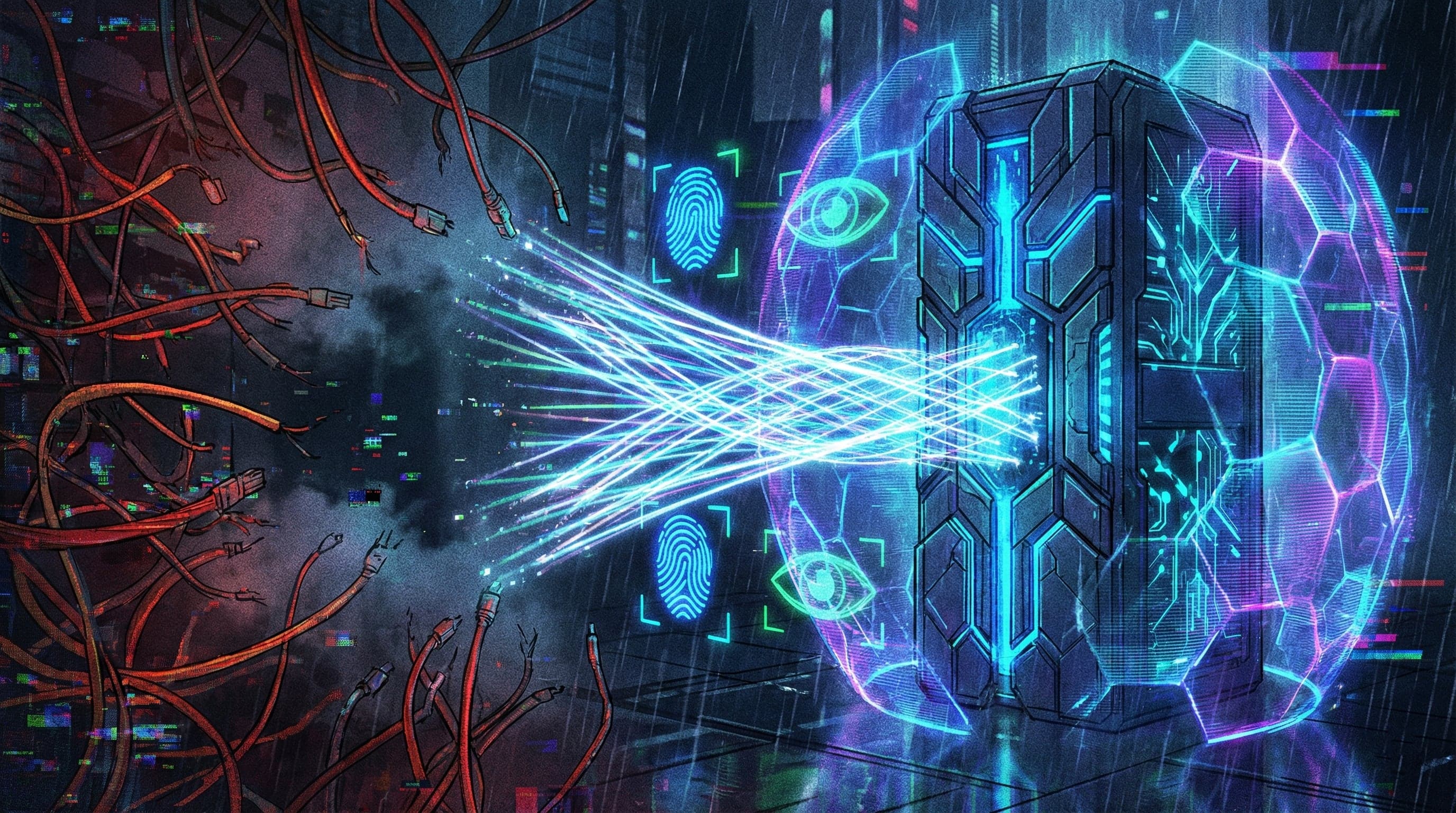 A futuristic digital lock glowing in neon blue, representing zero trust architecture replacing fragile VPN moats.
