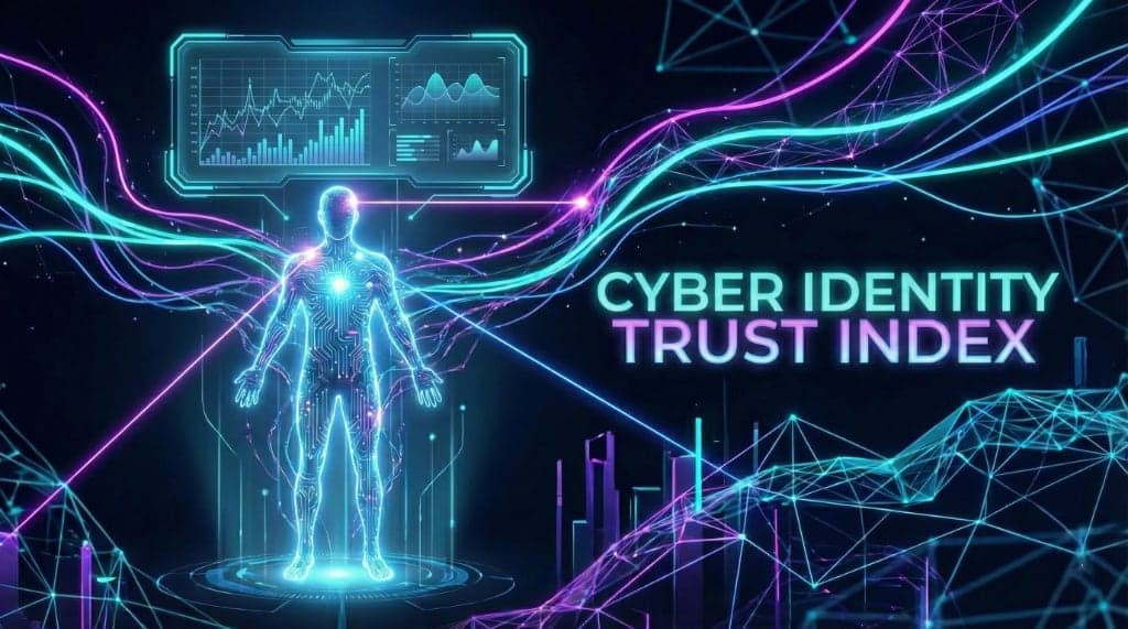 Futuristic dashboard displaying a digital identity trust score with biometric verification elements.