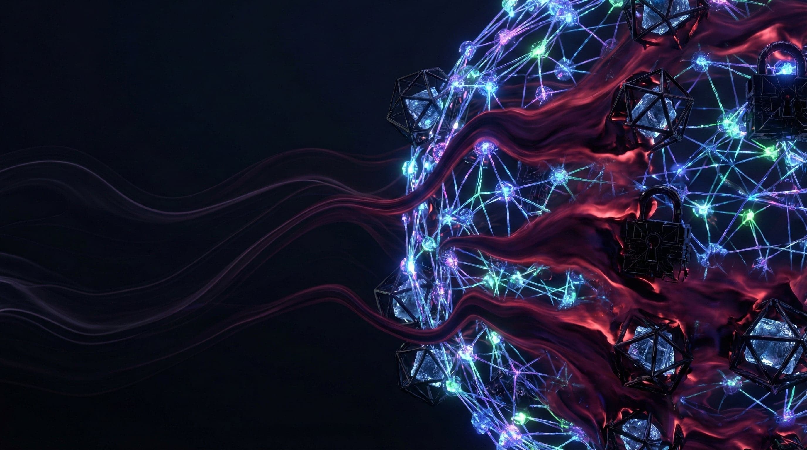 Abstract neon representation of AI-based ransomware locking a digital mind, symbolizing PromptLock and Vibe Hacking concepts.