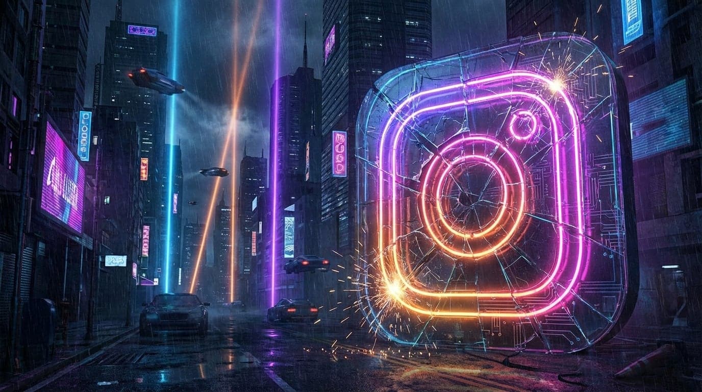 Glitch art style Instagram logo dissolving into binary code, representing the massive 2026 API data breach.