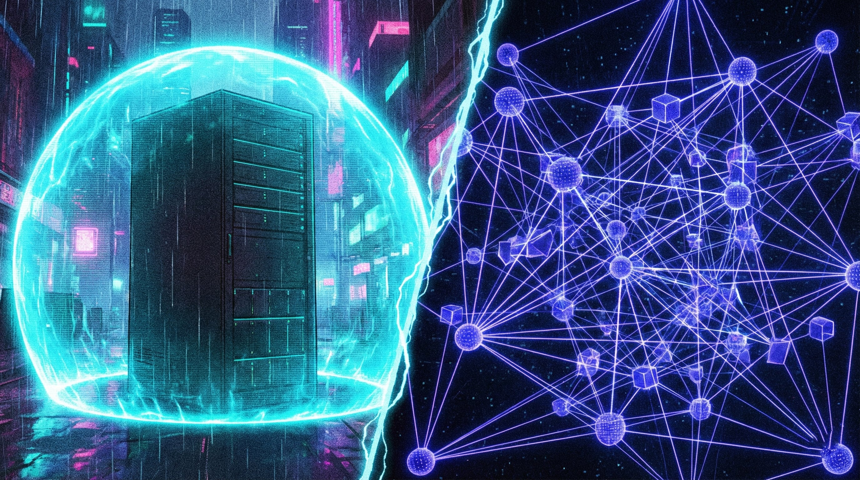 A split-screen architectural diagram comparing a centralized reverse proxy with a peer-to-peer mesh network.