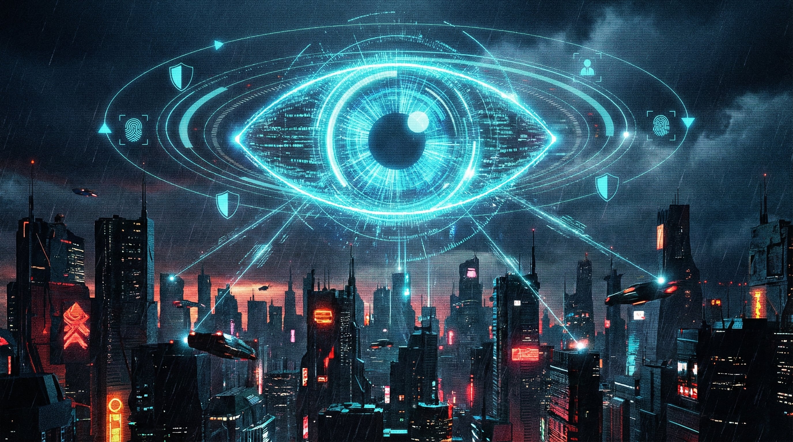 A cyberpunk cityscape illuminated by neon identity gateways, symbolizing the transition to modern zero trust architectures.