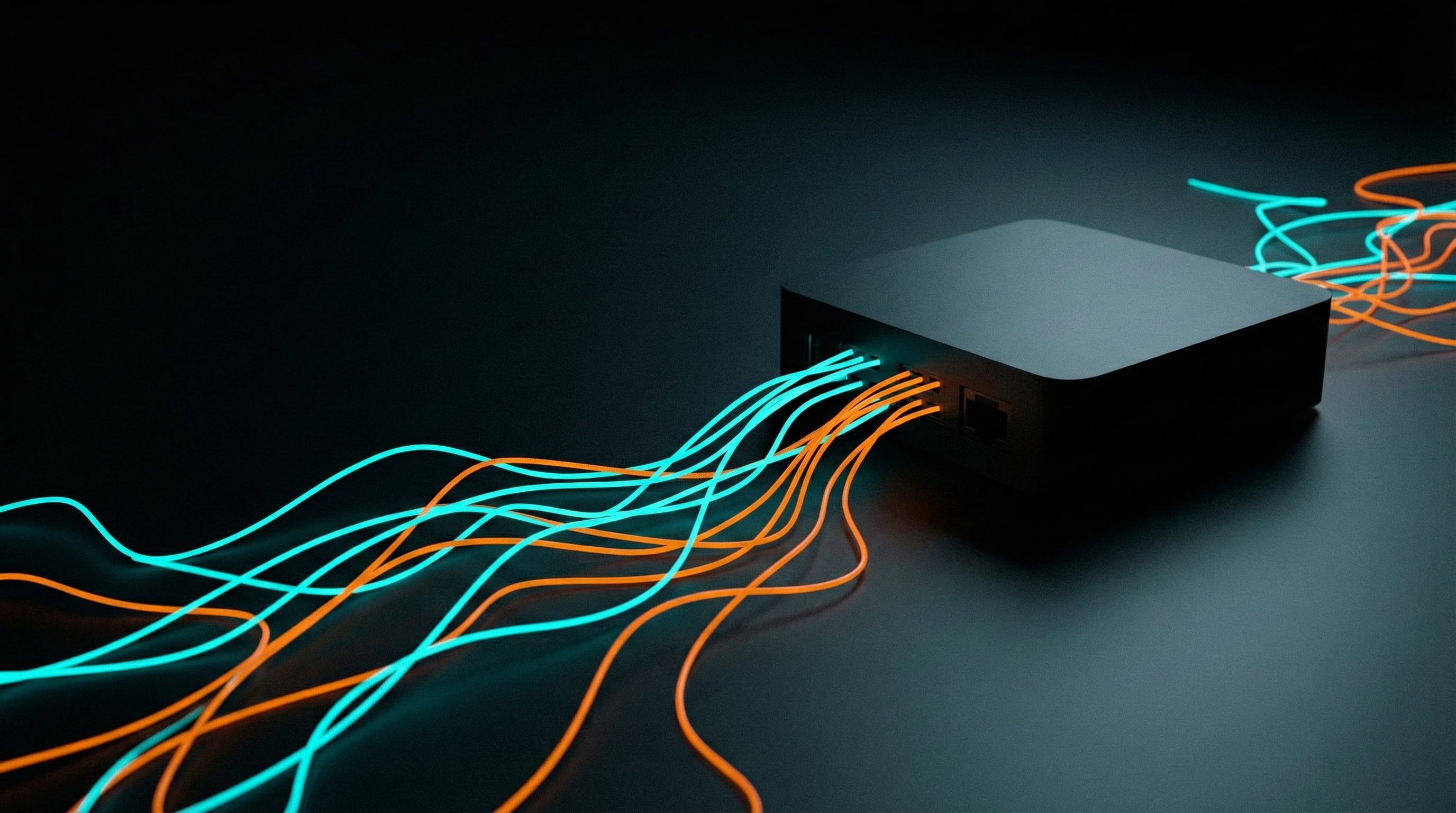 A generic unbranded Android TV box malware spreading neon energy threads into a dark network.